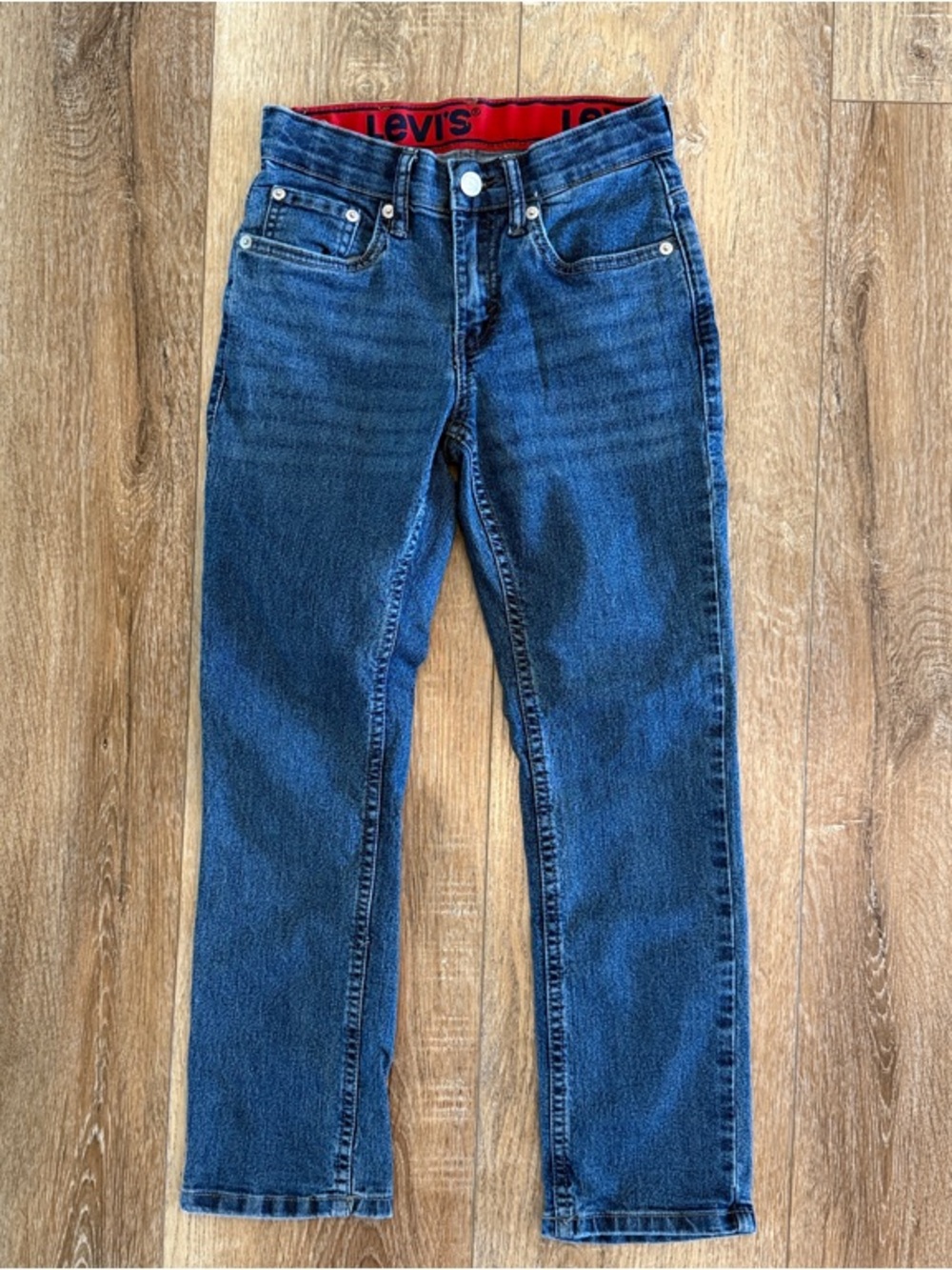 Levi's Blue Straight-Leg Denim Jeans with Red Waistband Detail